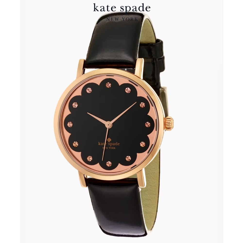 Kate Spade Scallop Metro Leather Watch Rose Gold Black NIB